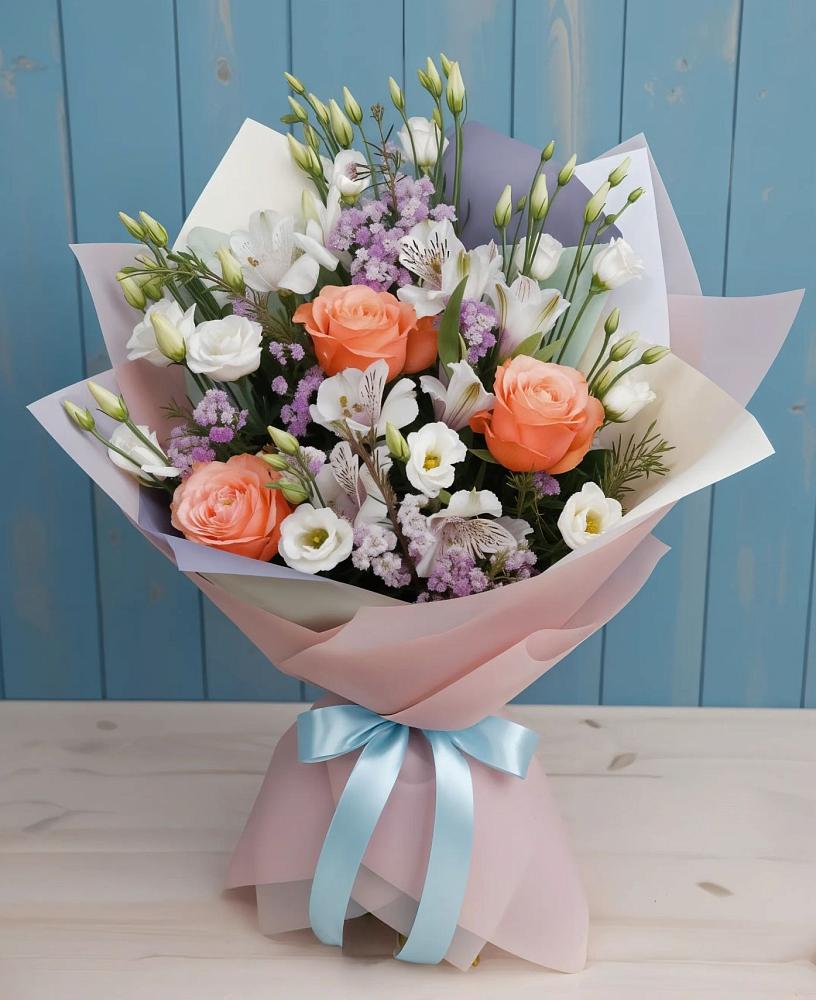 Букет цветов из: Лизиантусы, Розы, Альстромерии и Гипсофила в Васютино