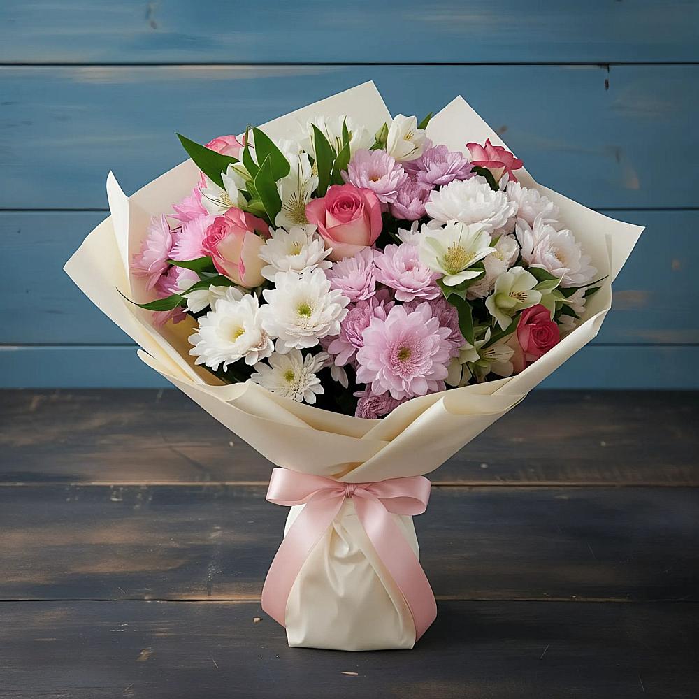 Букет цветов из: Хризантемы, Альстромерии и Розы в Васютино